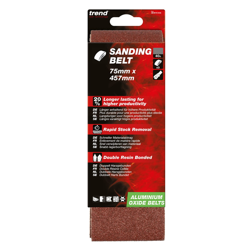 AB/B75/40A - Sanding Belt 40 Grit 75mm x 457mm 3pc