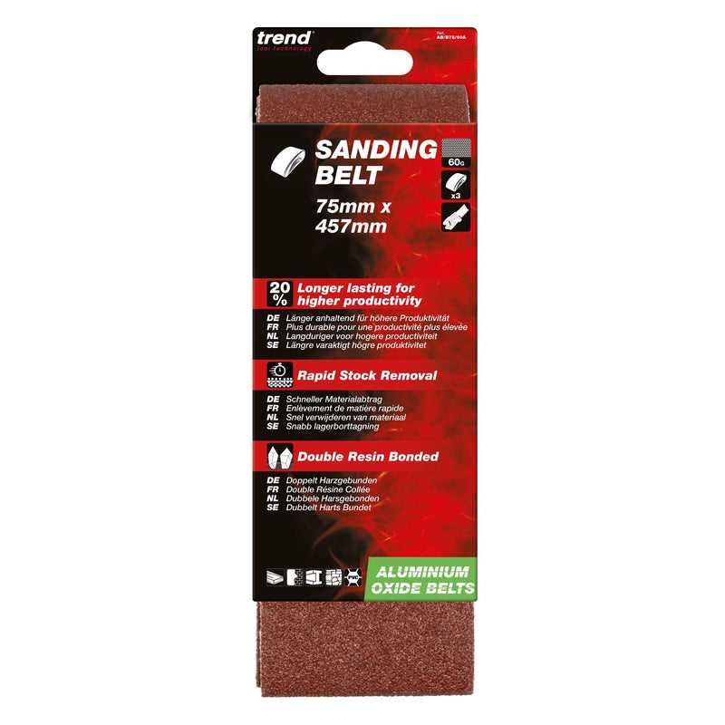AB/B75/60A - Sanding Belt 60 Grit 75mm x 457mm 3pc