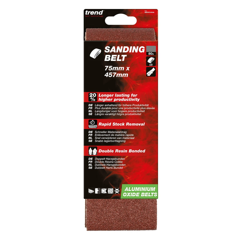 AB/B75/80A - Sanding Belt 80 Grit 75mm x 457mm 3pc