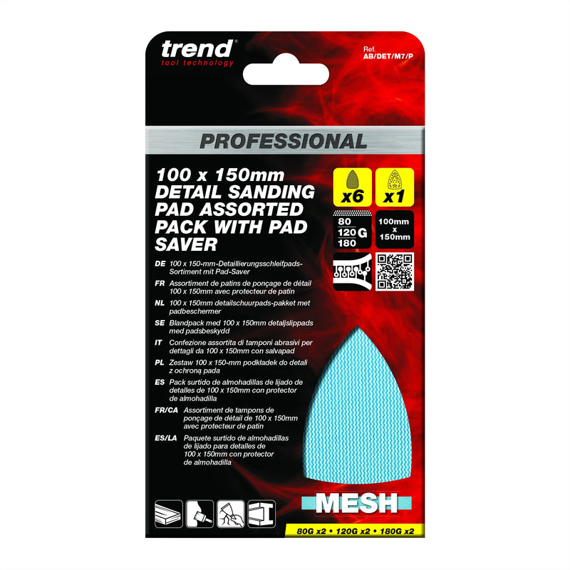 AB/DET/M7/P - 100 x 150mm 80G/120G/180G Pro Mesh Detail Sanding Pads with Pad Saver, 7 Pack