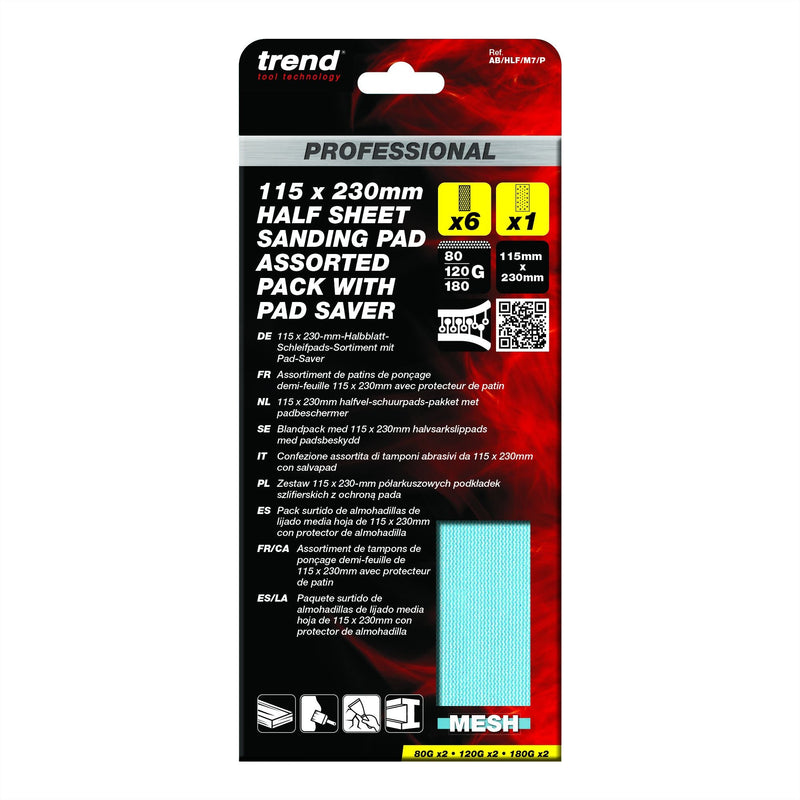 AB/HLF/M7/P - 115 x 230mm 80G/120G/180G Pro Mesh Half Sheet Sanding Pads with Pad Saver, 7 Pack