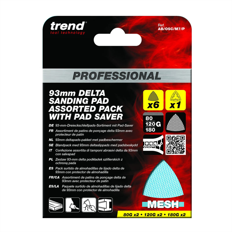 AB/OSC/M7/P - 93 x 93mm 80G/120G/180G Pro Mesh Delta Sanding Pads with Pad Saver, 7 Pack