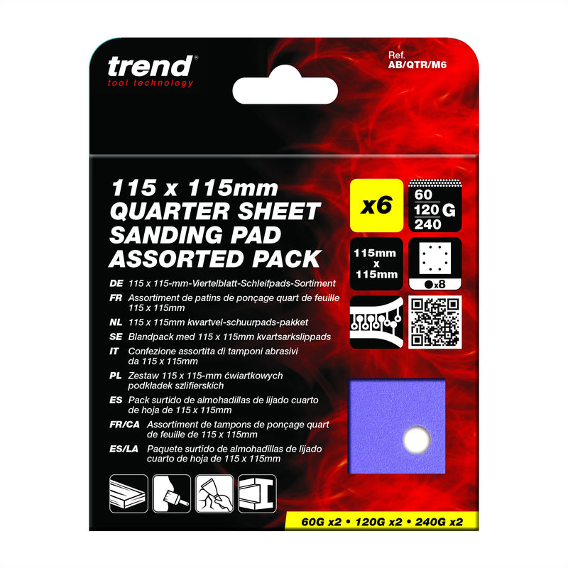 AB/QTR/M6 - 115 x 115mm 8-Hole 60G/120G/240G Quarter Sheet Sanding Pad, 6 Pack