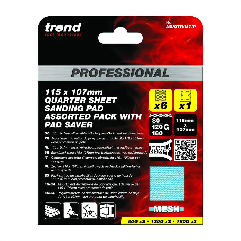 AB/QTR/M7/P - 115 x 107mm 80G/120G/180G Pro Mesh Quarter Sheet Sanding Pads with Pad Saver, 7 Pack