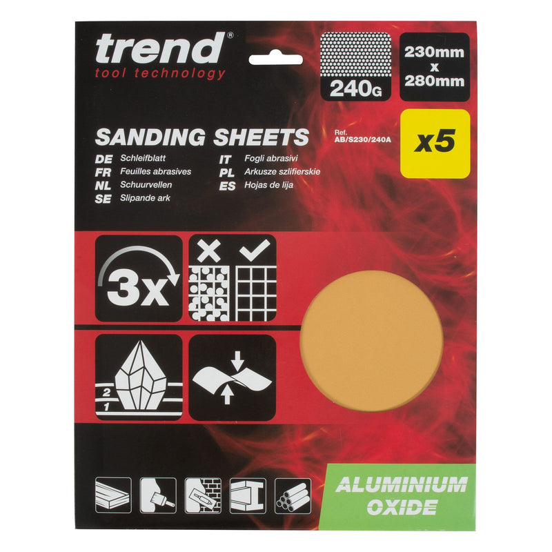 AB/S230/240A - 230 x 280mm 240 Grit Aluminium Oxide Sanding Sheets, 5 Pack
