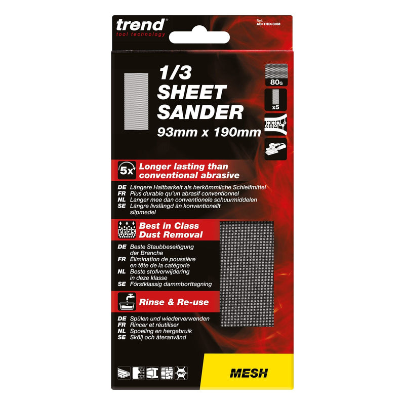 AB/THD/80M - Mesh 1/3 Sheet Sanding Sheet 5pc 93mm x 190mm 80 grit