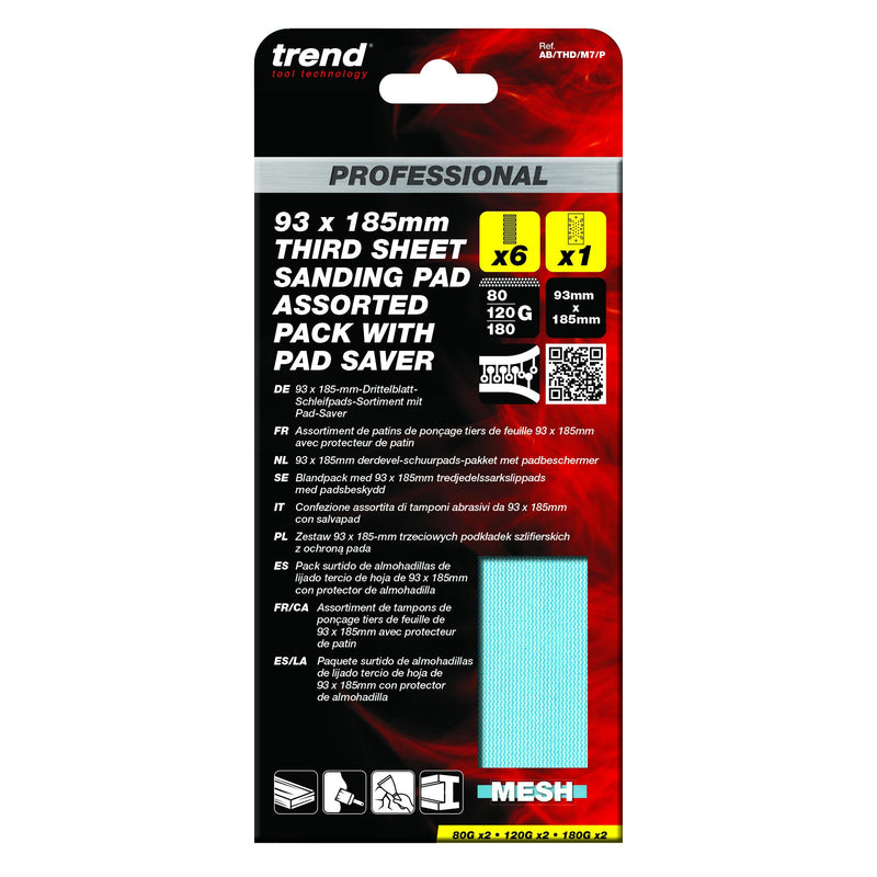 AB/THD/M7/P - 93 x 185mm 80G/120G/180G Pro Mesh Third Sheet Sanding Pads with Pad Saver, 7 Pack