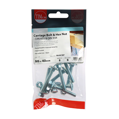 TIMCO Carriage Bolts DIN603 & Hex Full Nut DIN934 Silver — Trade Pack