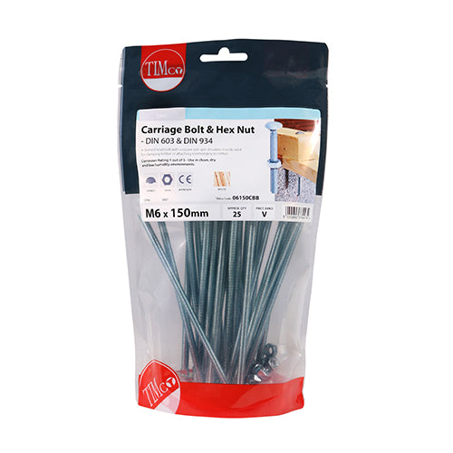 TIMCO Carriage Bolts DIN603 & Hex Full Nut DIN934 Silver — Bag