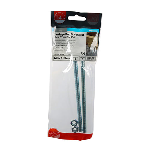 TIMCO Carriage Bolts DIN603 & Hex Full Nut DIN934 Silver — Trade Pack