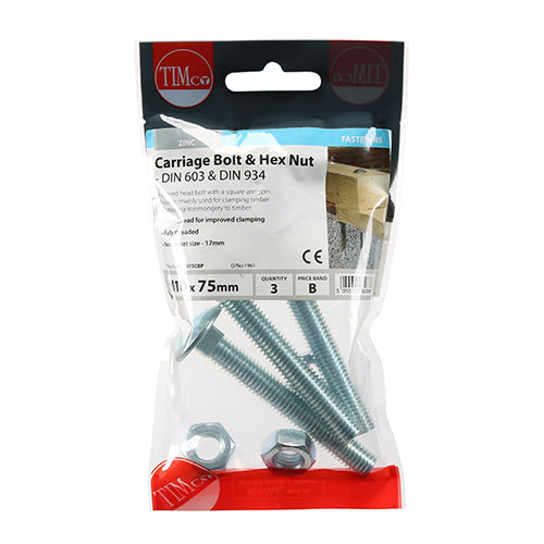 TIMCO Carriage Bolts DIN603 & Hex Full Nut DIN934 Silver — Trade Pack