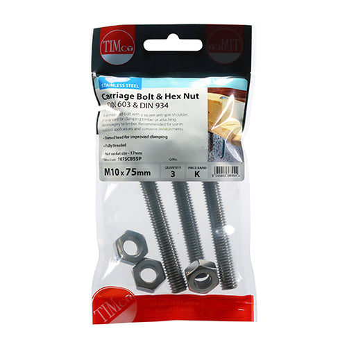 TIMCO Carriage Bolts DIN603 & Hex Full Nut DIN934 A2 Stainless Steel