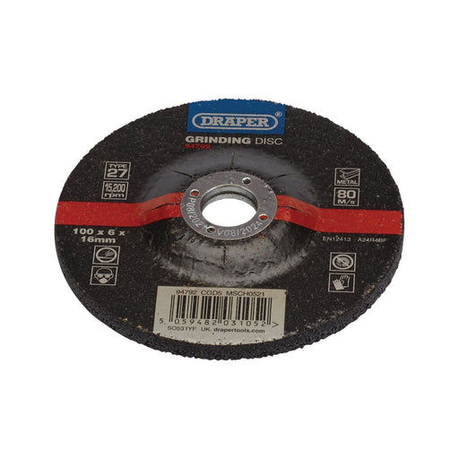 Draper 94792 DPC Metal Grinding Disc, 100 x 6 x 16mm