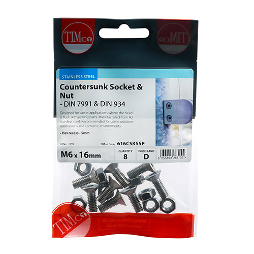 TIMCO Countersunk Socket Screws DIN7991 A2 Stainless Steel - M6 x 16