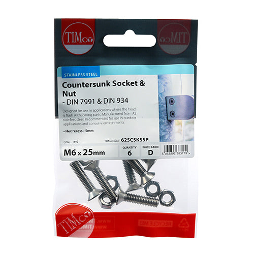 TIMCO Countersunk Socket Screws DIN7991 A2 Stainless Steel - M6 x 16