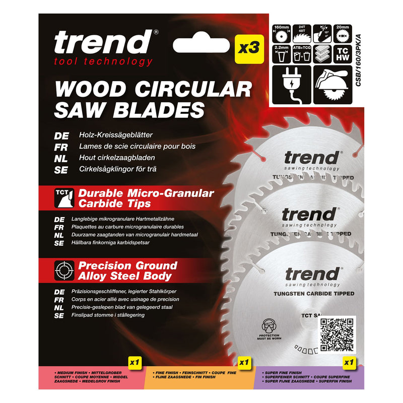 CSB/160/3PK/A - Trend Wood Circular Saw Blade 160mm x 20mm x 24/48T, 3 Pack