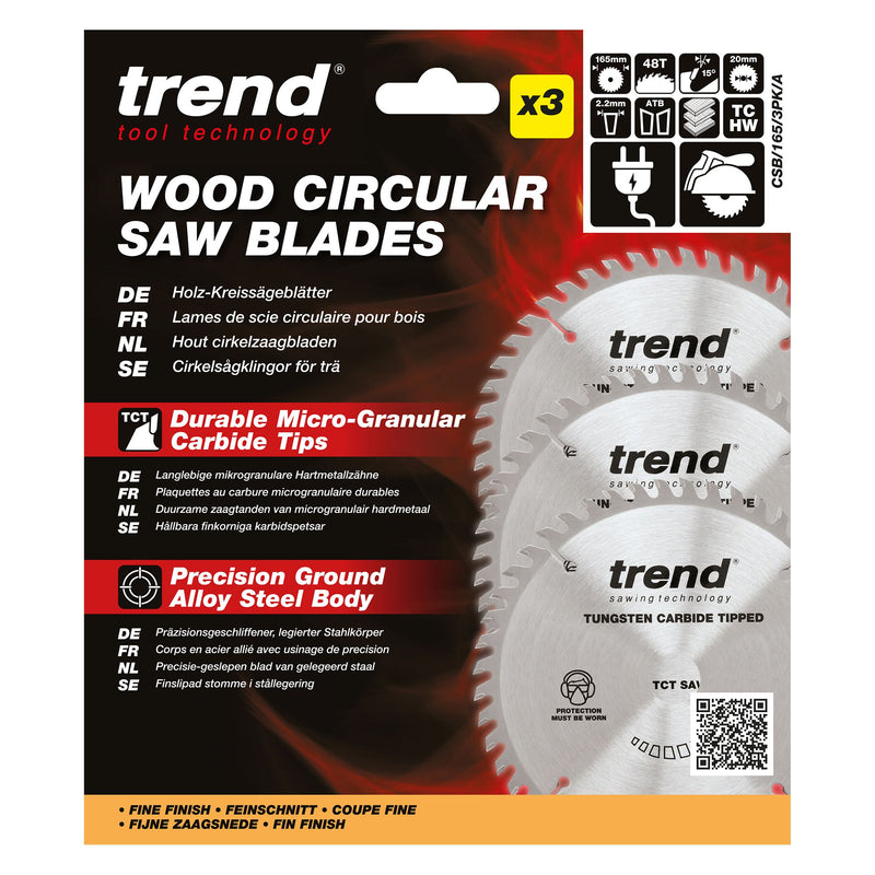 CSB/165/3PK/A - Trend Wood Circular Saw Blade 165mm x 20mm x 48T, 3 Pack