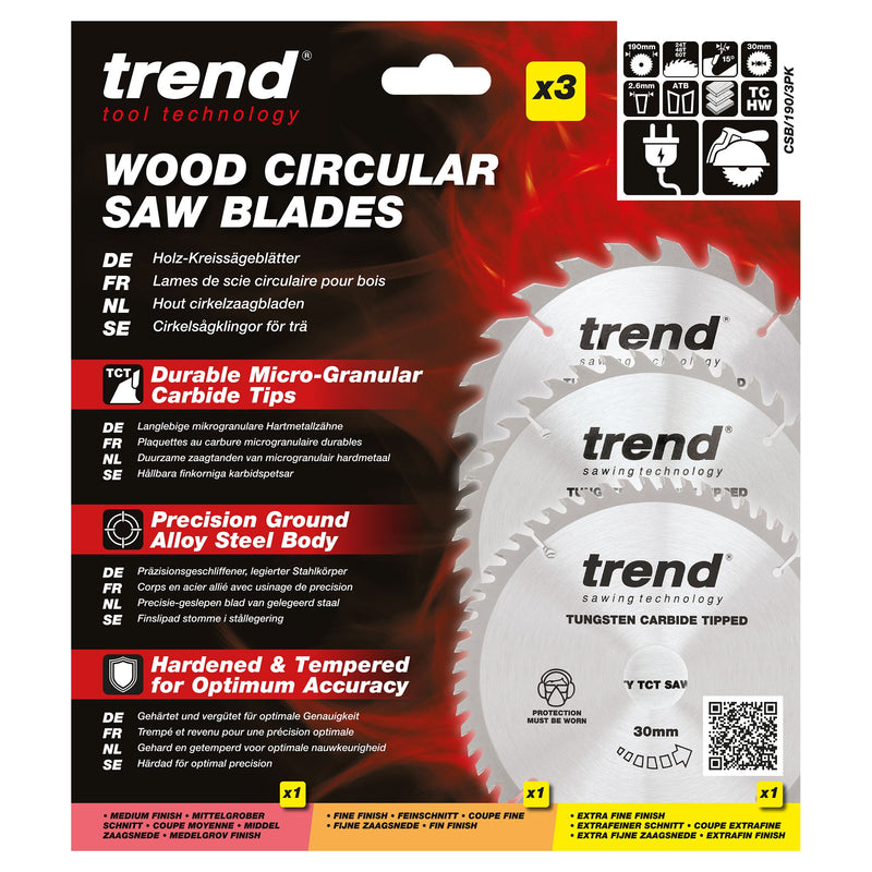CSB/190/3PK - Trend Wood Circular Saw Blade 190mm x 30mm x 24/40/60T, 3 Pack