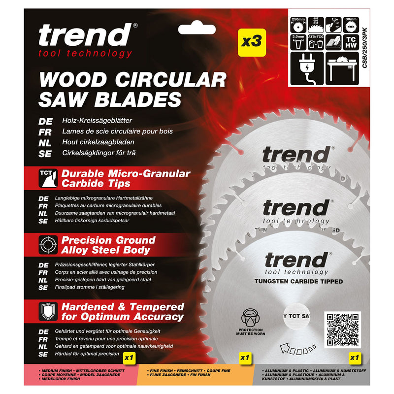CSB/250/3PK - Trend Wood Circular Saw Blade 250mm x 30mm x 48/60/84T, 3 Pack