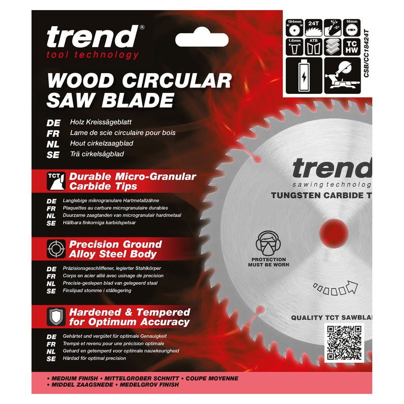 CSB/CC18424T - Trend Wood Cordless Mitre Saw Blade 184mm x 16mm x 24T