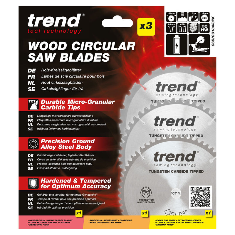CSB/CC184/3PK - Trend Wood Cordless Mitre Saw Blade 184mm x 16mm x 24/48/60T, 3 Pack