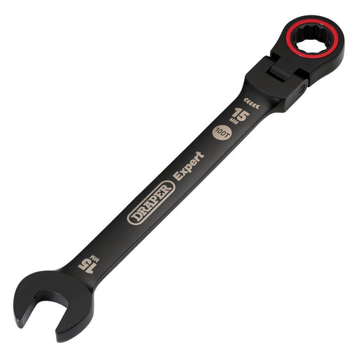 Draper 03922 Draper Expert HI-TORQ® Metric Flexible Head Ratchet Combination Spanner, 15mm, Black