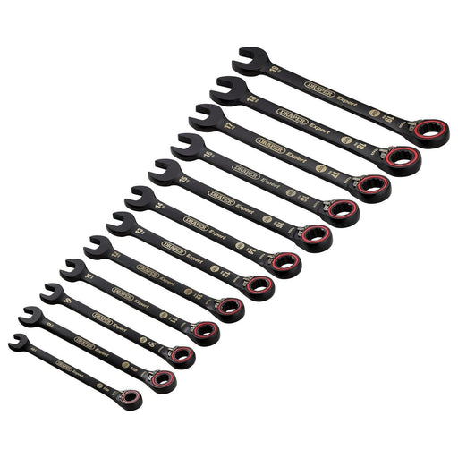 Draper 03912 Draper Expert HI-TORQ®  Metric Reversible Ratchet Combination Spanner Set, Black (12 Piece)