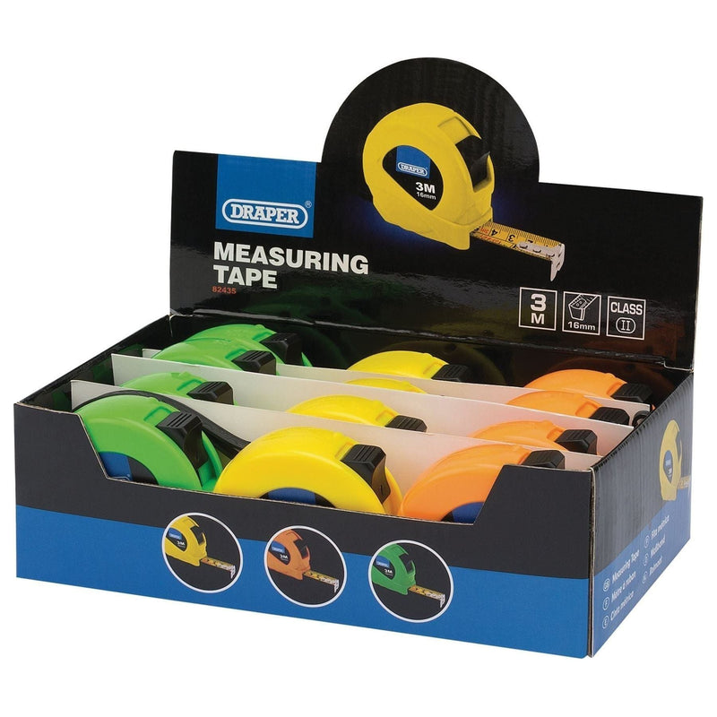 Draper Measuring Tapes, 3m/10ft x 16mm, 3 Colours (Dispenser of 12) Draper - Town Tools