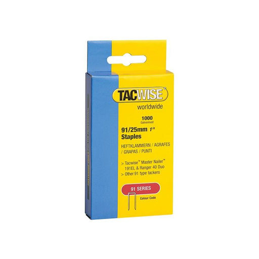 Tacwise 91 Narrow Crown Staples 25mm - Electric Tackers (Pack 1000) Tacwise - RockBottom Northampton