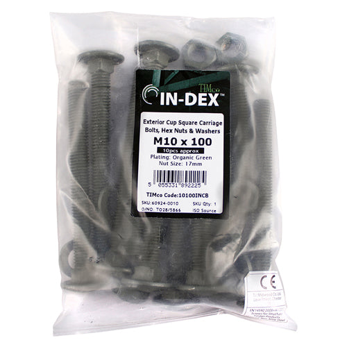 TIMCO Carriage Bolts DIN603 Hex Nuts & Form A Washers Green Exterior - M10 x 100