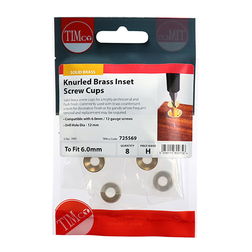 TIMCO Knurled Brass Inset Screw Cup - To fit 3.5 Screw