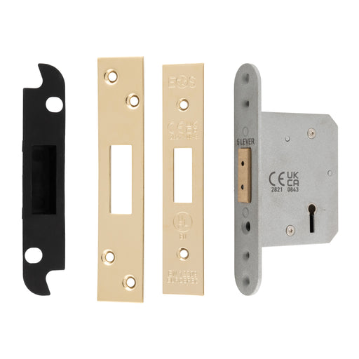 64Mm Heavy Duty Deadlock - 5 Lever - Square - Stainless Brass
