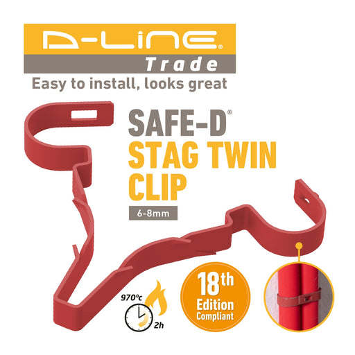 D-Line Fire Clip - Safe-D Stag-Clip for 2x 6-8mm φ cable. Twin, Red - Pack of 50