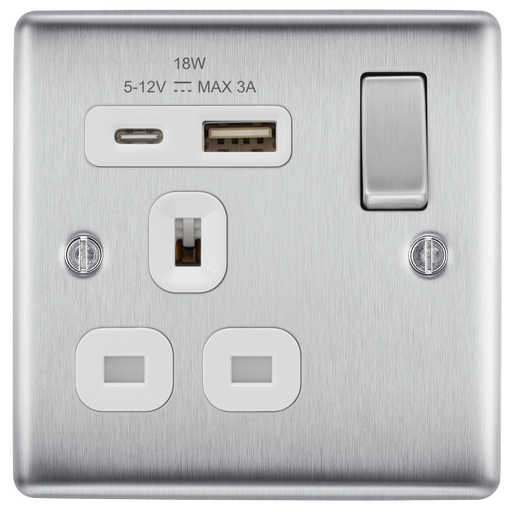 BG Electrical Nexus Metal Brushed Steel - Single, switched, single pole, with 1 x USB A + 1 x USB C