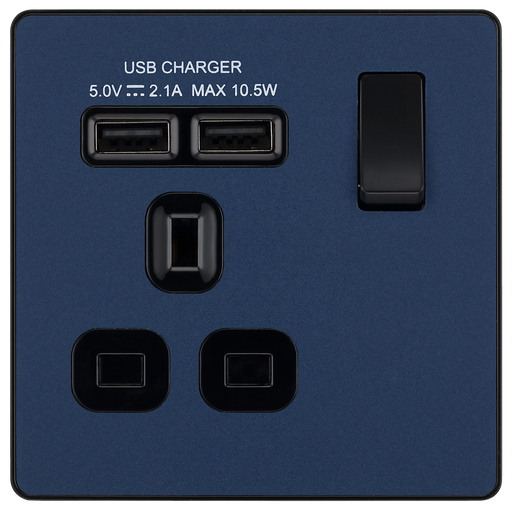BG Electrical Evolve Matt Blue - Single, switched, single pole, with 2 x USB A