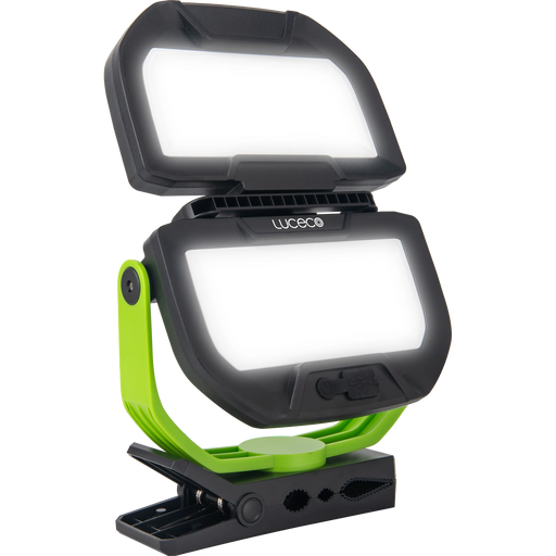 Luceco Clamp - Twin Panel LED Worklight with Magnetic Clamp and USB Power Bank, Rechargeable, Fully Rotating and Tilting Inspection Light, Folding, High Capacity Battery, IP54, 30W, 2500lm, 6500K,