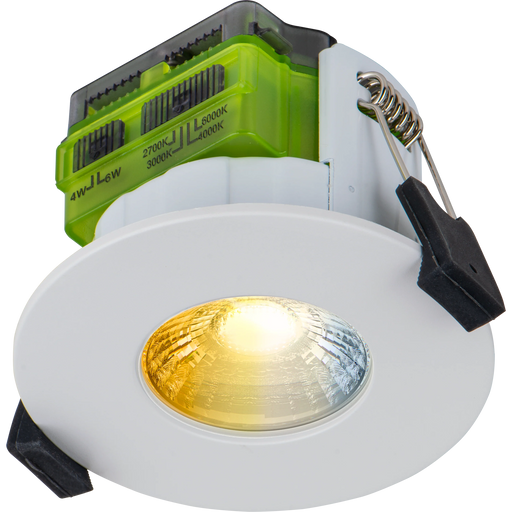 Luceco Ftype MK2 Fire Rated Downlight 4W/6W 750lm Power Change with 4Colour CCT 2700, 3000, 4000K, 6000K Dimmable IP65 White bezel - Flat