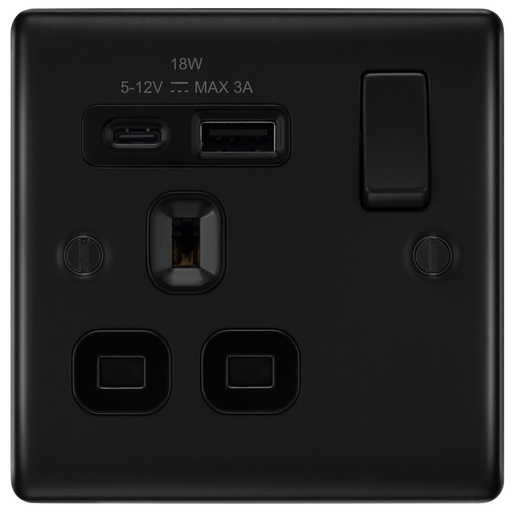 BG Electrical Nexus Metal Matt Black - Single, switched, single pole, with 1 x USB A + 1 x USB C
