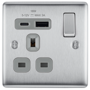 BG Electrical Nexus Metal Brushed Steel - Single, switched, single pole, with 1 x USB A + 1 x USB C