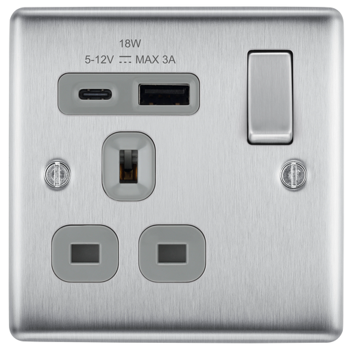 BG Electrical Nexus Metal Brushed Steel - Single, switched, single pole, with 1 x USB A + 1 x USB C