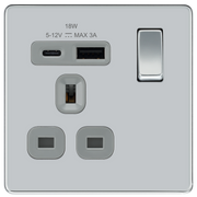 BG Electrical Flatplate Screwless Polished Chrome - Single, switched, single pole, with 1 x USB A + 1 x USB C