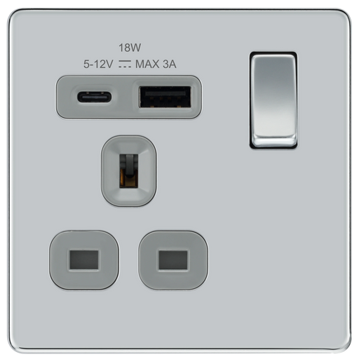 BG Electrical Flatplate Screwless Polished Chrome - Single, switched, single pole, with 1 x USB A + 1 x USB C
