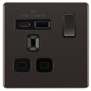 BG Electrical Flatplate Screwless Black Nickel - Single, switched, single pole, with 1 x USB A + 1 x USB C