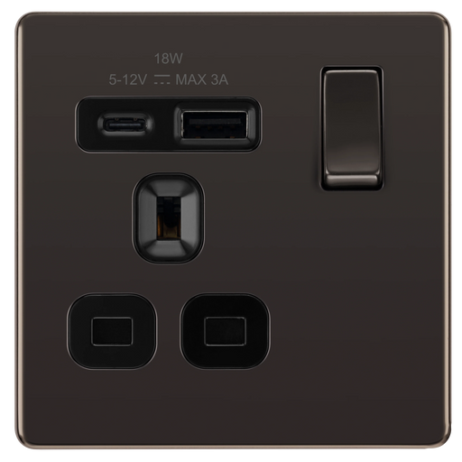BG Electrical Flatplate Screwless Black Nickel - Single, switched, single pole, with 1 x USB A + 1 x USB C