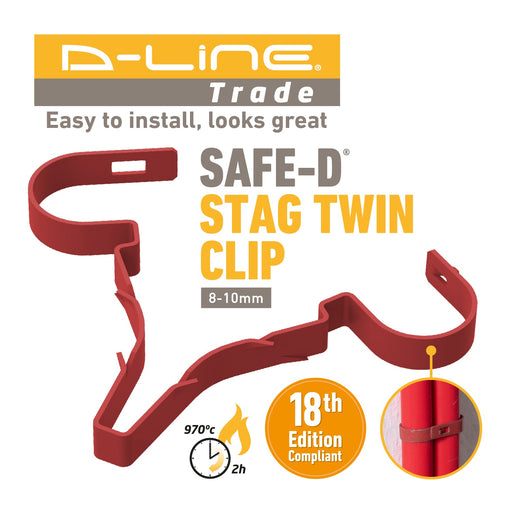 D-Line Fire Clip - Safe-D Stag-Clip for 2x 8-10mm φ cables. Twin, Red - Pack of 50