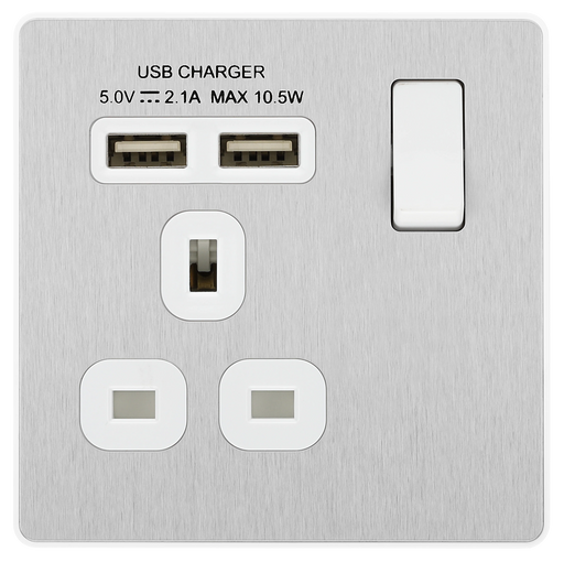 BG Electrical Evolve Brushed Steel - Single, switched, single pole, with 2 x USB A