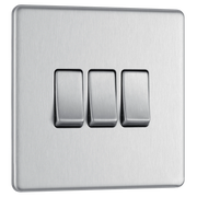 BG Electrical Flatplate Screwless Brushed Steel - Triple, 2 way switch