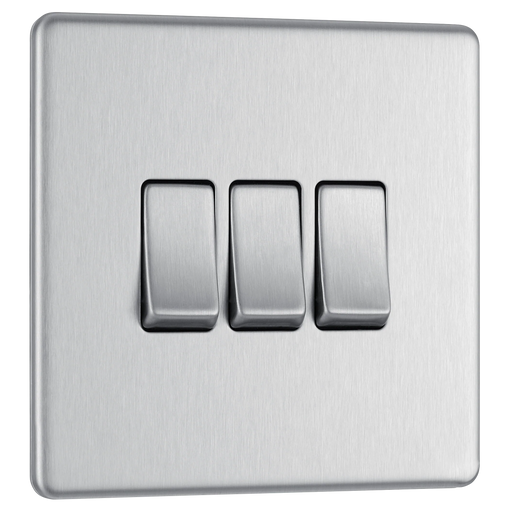 BG Electrical Flatplate Screwless Brushed Steel - Triple, 2 way switch