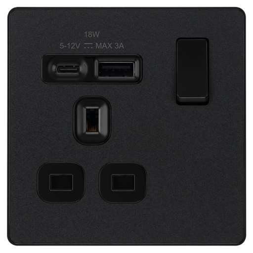 BG Electrical Evolve Matt Black - Single, switched, single pole, with 1 x USB A + 1 x USB C