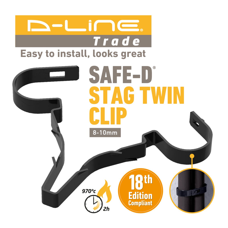D-Line Fire Clip - Safe-D Stag-Clip for 2x 8-10mm φ cables. Twin, Black - Pack of 100
